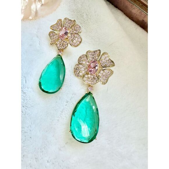 Mint green and light pink teardrop flower cubic zirconia dangle earrings ￼ - Picture 5 of 11
